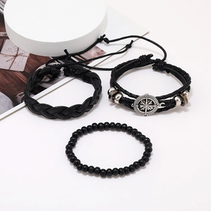 Three-piece black leather bracelet set for men with woven bands and compass charm