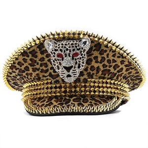 Leopard print captain hat with gold metal studs and a large crystal leopard head emblem