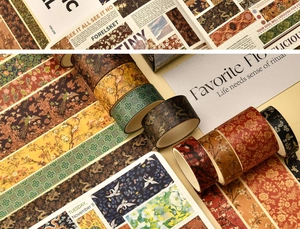 Detailed view of vintage style washi tape set featuring traditional floral and gold dragon patterns