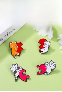 Set of four cartoon cat enamel pins featuring heart and puzzle pieces on a green background