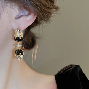 French vintage drop earrings with black enamel and zircon pavé in gold finish