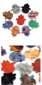 Detailed group shot of Hamsa Hand carvings in natural amethyst and mixed crystals