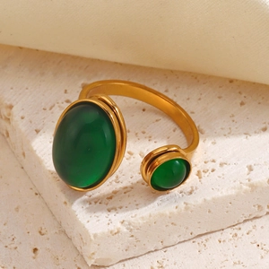 Minimalist gold stainless steel open ring featuring two green oval gems on stone base