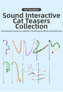 Collection of 10 assorted cat teaser wands with feathers and bells for interactive play