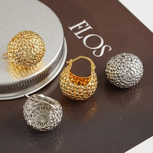French style hollow spherical hoop earrings with woven metal texture in gold and silver