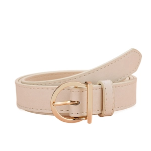 Chic beige leather belt for women featuring a stylish golden D-ring buckle on white background