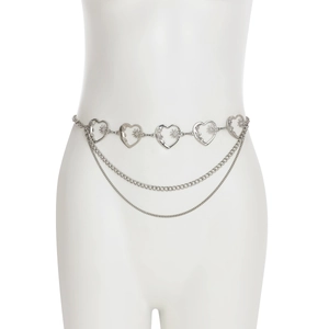 Detail view of silver heart waist chain with layered metal links and star accents