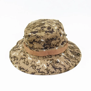 Detail of digital camouflage boonie hat with tactical MOLLE webbing and side vents