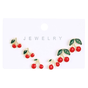 Three-pair set of cute cherry stud earrings with red enamel and gold plating on white card