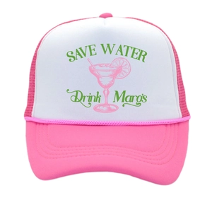 Pink and white Save Water Drink Margs trucker hat with breathable mesh and cord detail