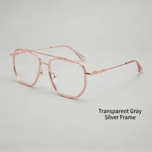 Stylish double bridge anti-blue light glasses with transparent grey silver frames
