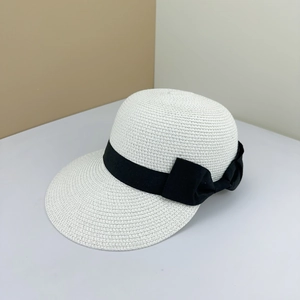 Elegant white straw sun hat with black ribbon bow, stylish French style summer equestrian cap