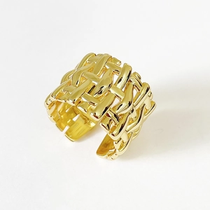 Polished gold 925 silver woven bamboo knot open ring with minimalist architectural design