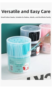 Dual-head cotton swabs with ear scoop and soft cotton tip in a clear round box