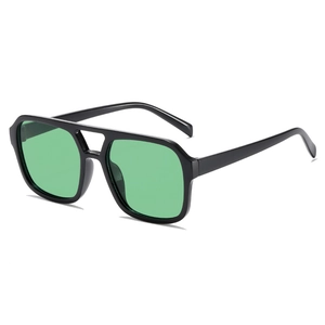 Classic double bridge square aviator sunglasses with black frame and green lenses