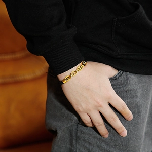 Men's vintage titanium steel H-link chain bracelet with black braided leather strap