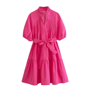 Women Mini Dress Polyester Embossed Floral Puff Sleeve Ruffle Collar Tiered Hem Tie Waist Sweet Party