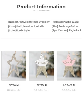 Detail of Nordic wooden Christmas tree ornaments with star shapes and X-MAS lettering