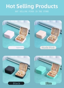 Collage of mini travel jewelry boxes in four colors showing internal storage layout