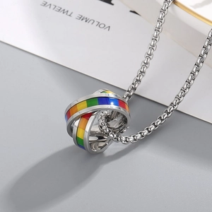 Stainless Steel Necklace Rainbow Enamel Interlocking Rings Cylinder Pendant Hip Hop Jewelry For Men Women