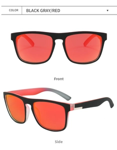 Close-up of polarized square sunglasses with black frame and red reflective mirror lenses