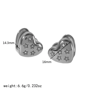 Silver heart earrings with star rhinestones and dimensions 14.3mm by 16mm