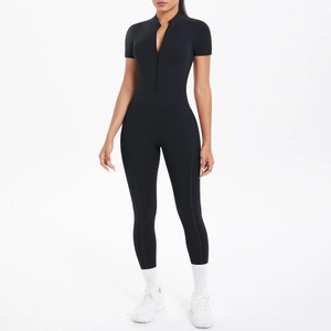 Front view of black short sleeve compression jumpsuit with front zipper for fitness