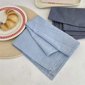 Detail showing high-quality linen texture of light blue and dark grey placemats