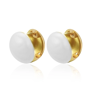 Minimalist gold hoop earrings with large white pearl inlay and brushed metal finish