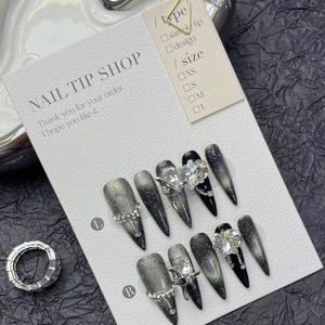 Handmade Press On Nails Stiletto Coffin Shape Dark Cat Eye Gradient Rhinestone Butterfly Luxury Elegant Artistic Design Fake Nails For Women