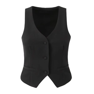Detailed view of women's black V-neck waistcoat with three buttons and faux pockets