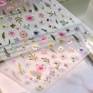 3D embossed floral PET stickers with gold foil edges for nail art and stationery deco