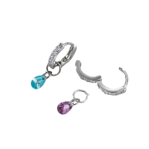 Sparkling silver hoop earrings with interchangeable blue and purple heart zircon pendants