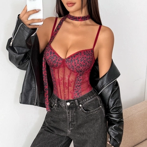 Detailed view of leopard print lace bodysuit with a matching choker and deep V-neckline
