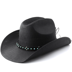 Classic black straw cowboy hat with turquoise beads and silver studs on leather band