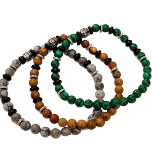 Bracciale da uomo in tre pezzi con pietre naturali e trame di malachite e pietra mappa