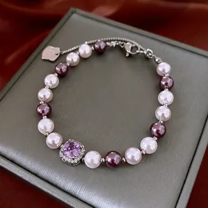Vintage Square Purple Zircon Artificial Pearl Bracelet Elegant Copper Fashion Jewelry For Women With Extension Chain