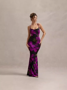 Women Floral Print Cowl Neck Maxi Dress Slim Fit Backless Crisscross Spaghetti Strap Polyester Elastane Streetwear