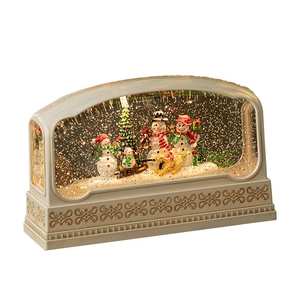 Christmas musical snow globe with snowman family scene and warm white embossed shell