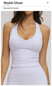Detail of lavender ribbed yoga vest with halter V-neck and snug athletic fit