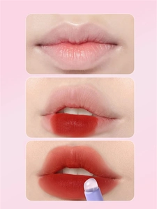 Three-step macro view showing silicone lip brush blending vintage red lip tint onto lips
