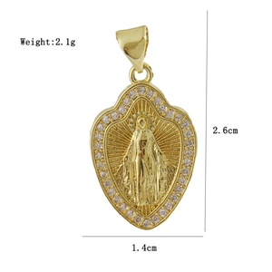 Detail view of 2.6cm gold Virgin Mary pendant with diamond-set border and size specs