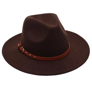 Detailed view of brown wool fedora hat with decorative leather belt and gold buckle