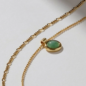 Green aventurine stone pendant necklace with 24K gold plated Figaro double layer chains