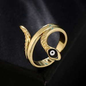 Copper Snake Open Ring 18K Gold Plated Enamel Evil Eye Wrap Geometric Trendy Retro Adjustable Fashion Jewelry For Women