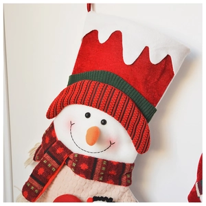 Detailed knit Christmas stocking featuring a 3D plush snowman with scarf and carrot nose
