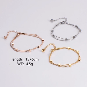 Fashionable double-layer snake chain bracelet with square charms in gold and silver