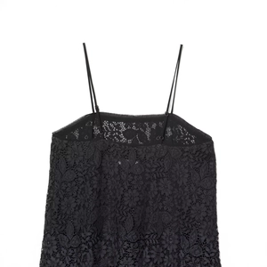 Women's chic black floral lace camisole top with delicate straps and asymmetric hemline