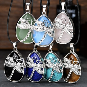 Vintage Dragonfly Teardrop Pendant Necklace For Women Natural Artificial Stone Alloy Inlaid Rhinestone Faux Leather Cord Adjust Jewelry