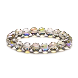 Sparkling 10mm faceted crystal bead bracelet with rainbow AB coating on white background